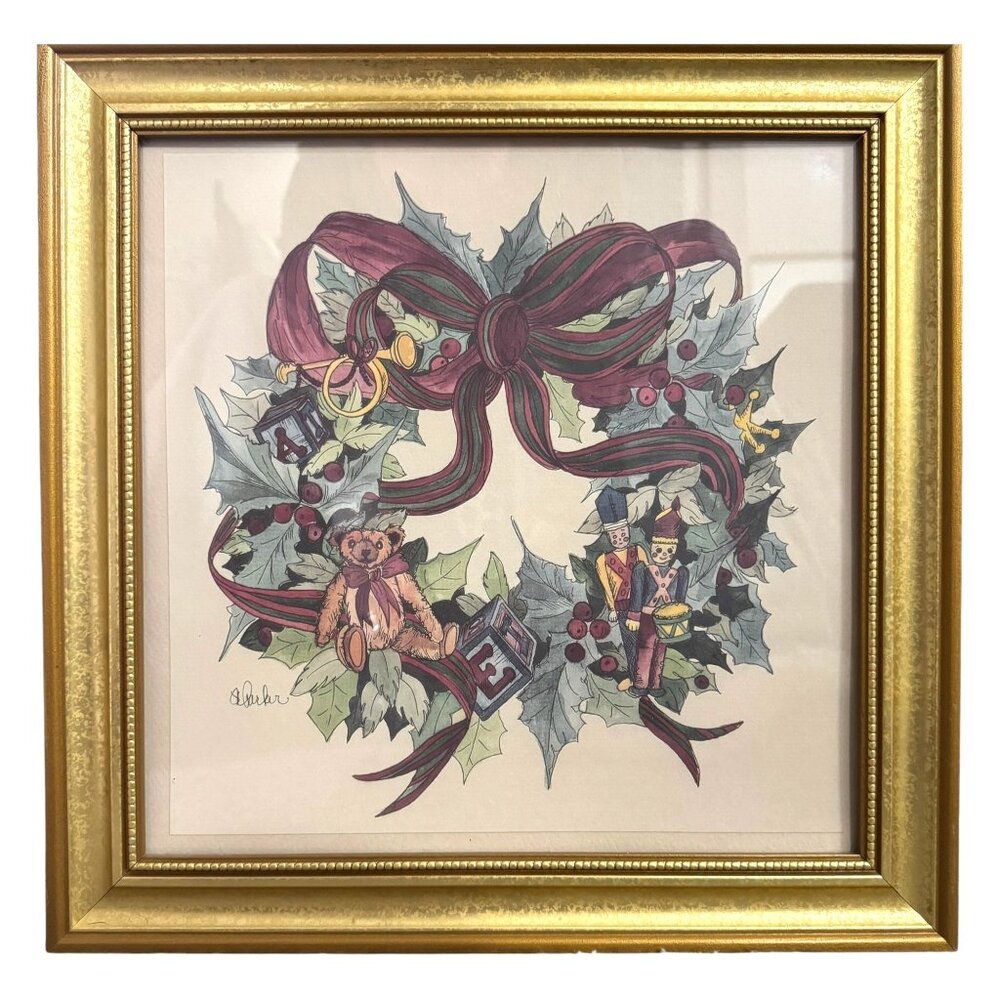 Lithograph A. Parker Christmas Wreath Toy Soldier Teddy Bear Gold Frame Vintage